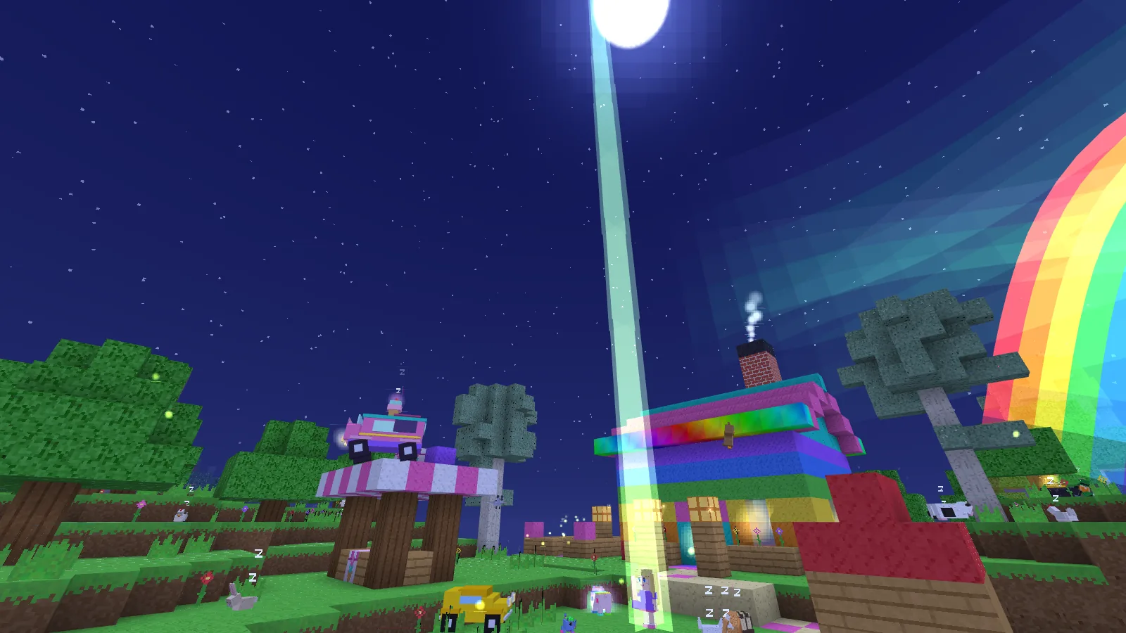 Night time at the rainbow house with a bright moon, stars, fireflies and a shimmering aurora